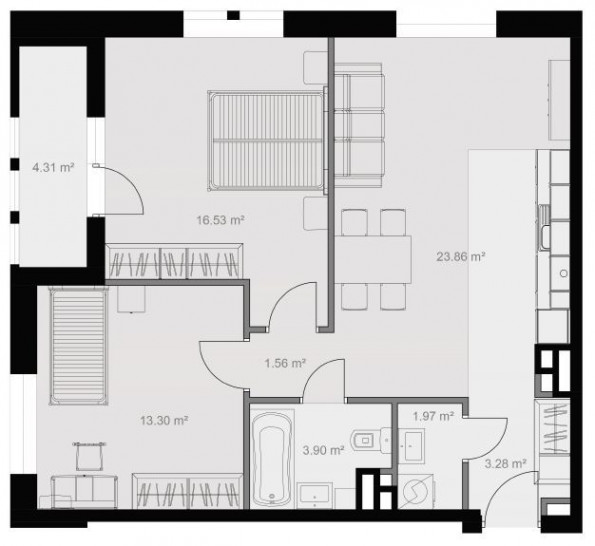 Двухкомнатная квартира 71.2 м²